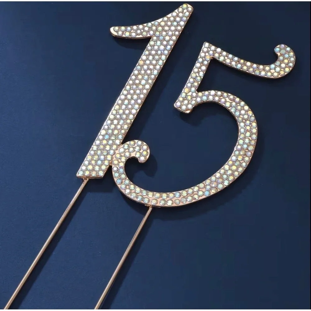 Gold Clear Rhinestone‎ 15 Cake Topper Birthday Quinceañera Party Sparkly Quince